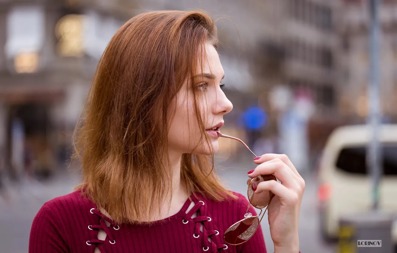 Photo wallpaper girl, glasses, red, Vivian, Lorinov