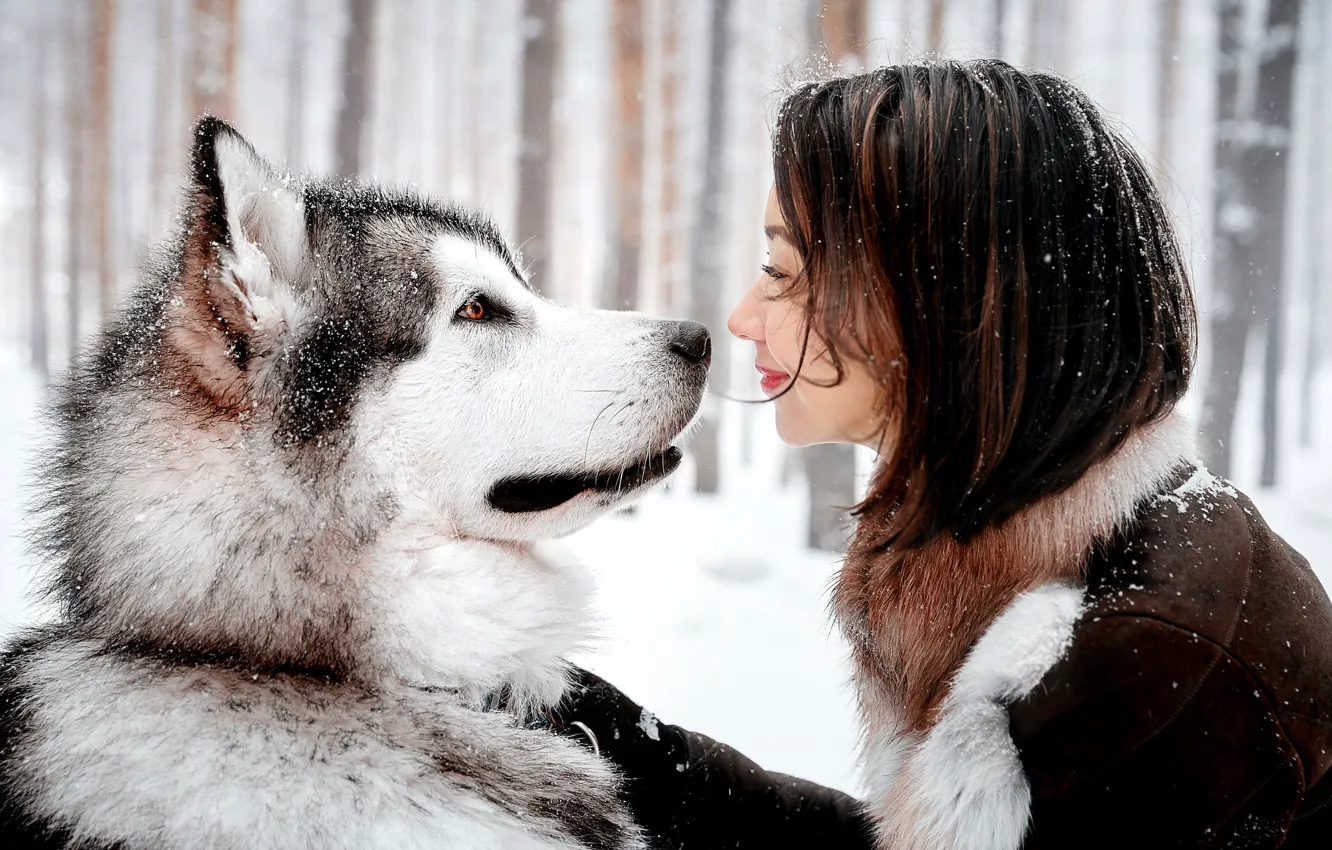 Photo wallpaper GIRL, LOOK, SNOW, SMILE, DOG
