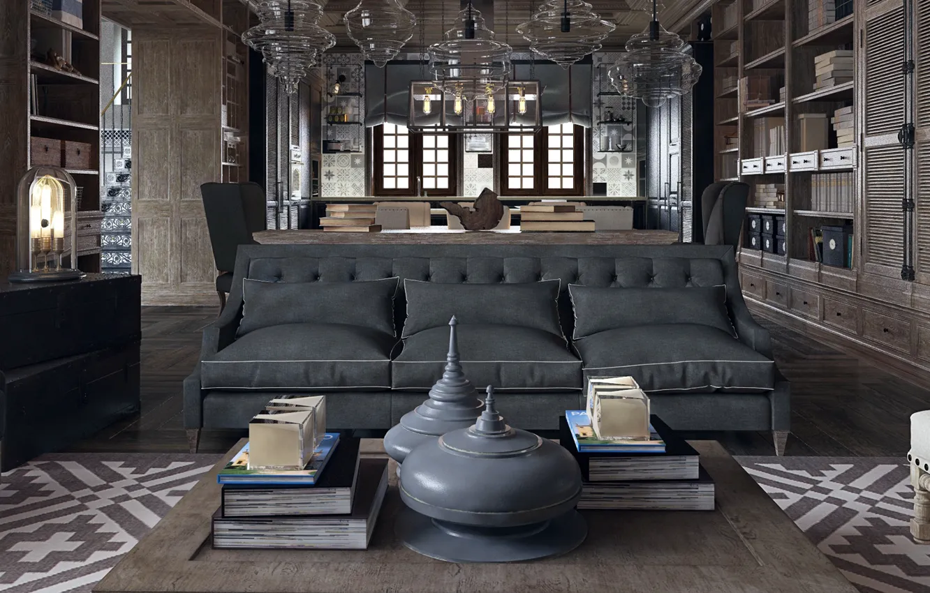 Photo wallpaper design, style, interior, living room, home office, workspace, industrial art deco interior design