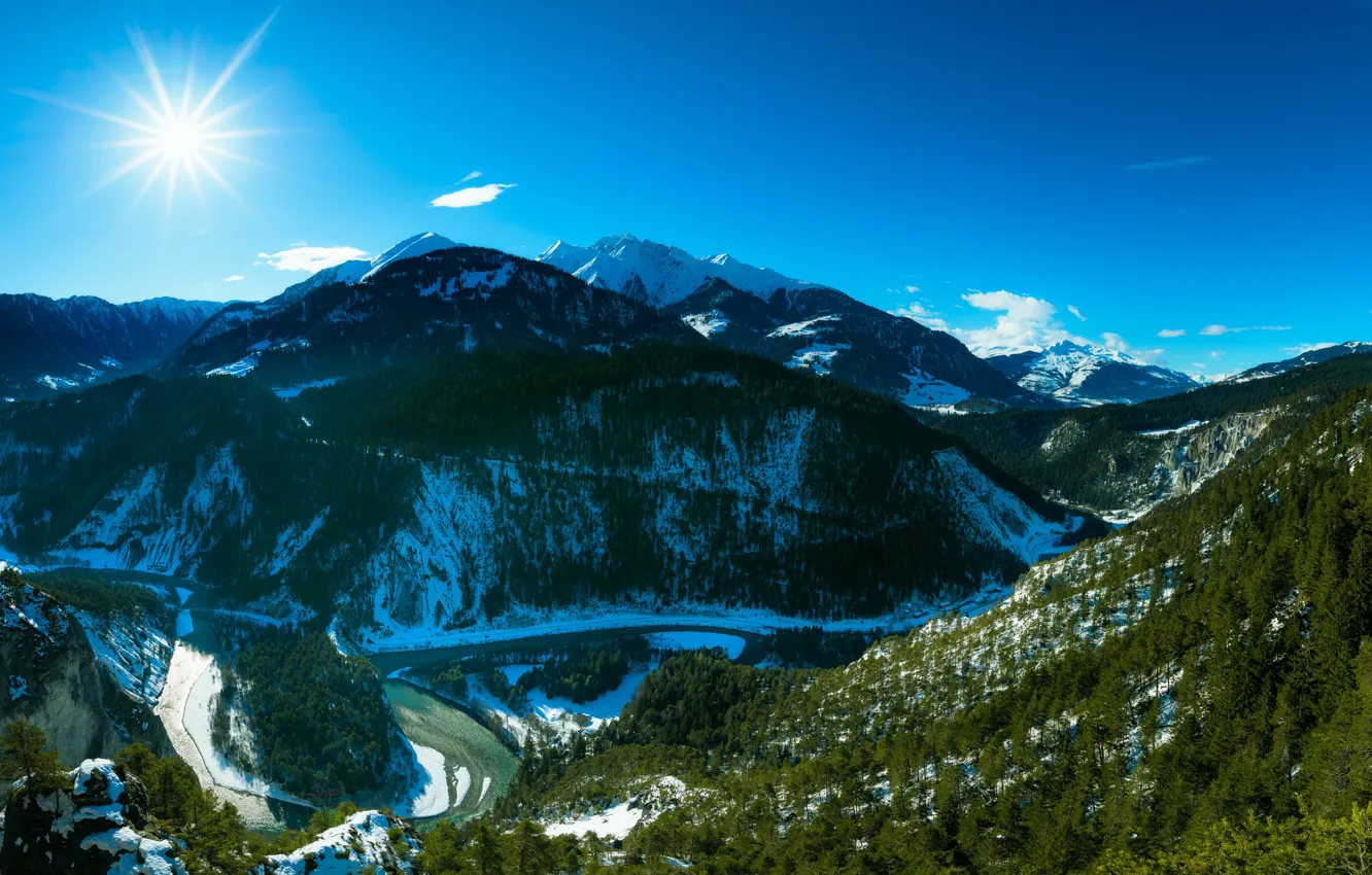 Photo wallpaper the sun, snow, mountains, the slopes, Switzerland, Alps, canyon, Ruinaulta
