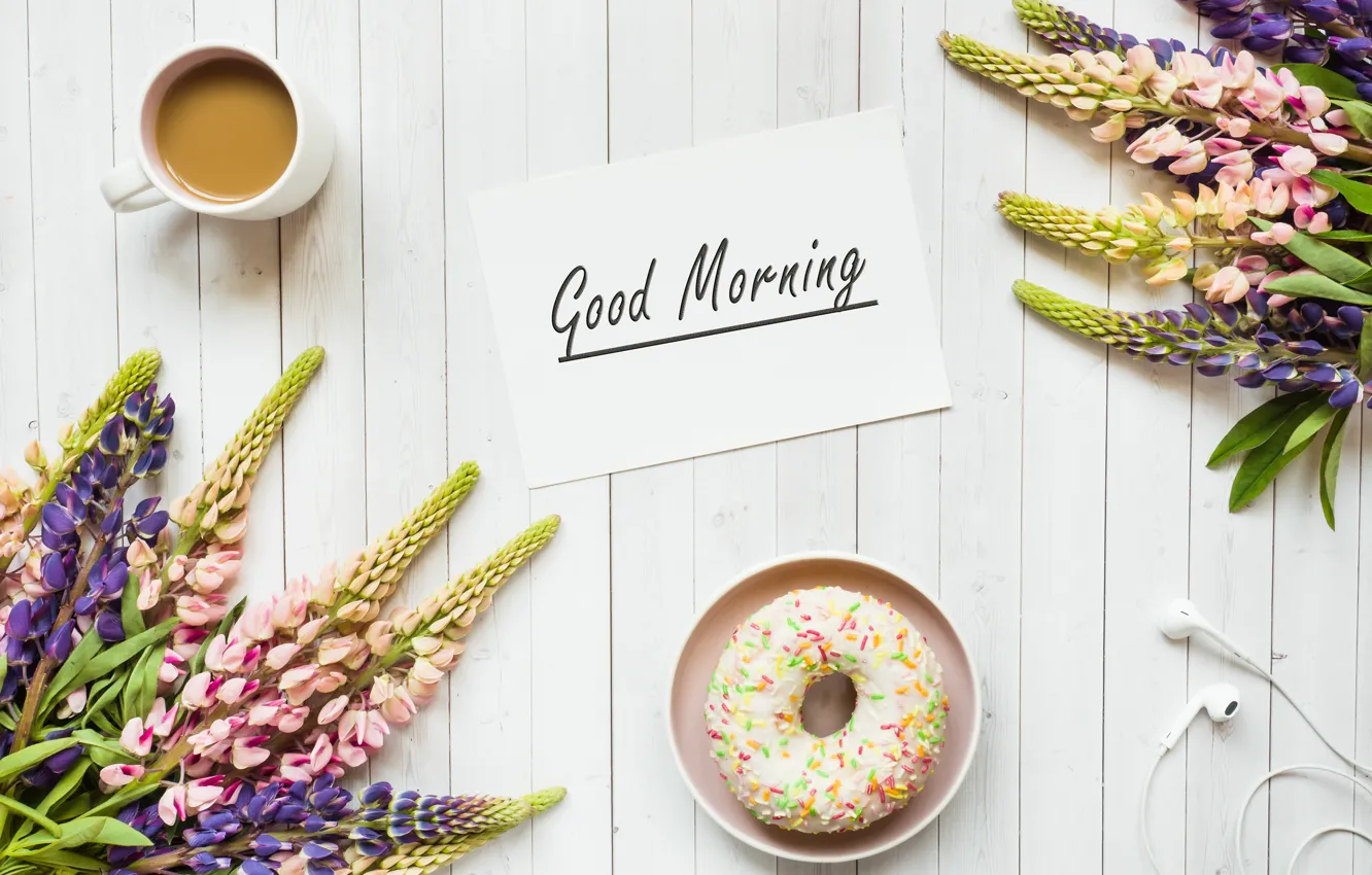 Photo wallpaper coffee, bouquet, morning, donuts, lupins