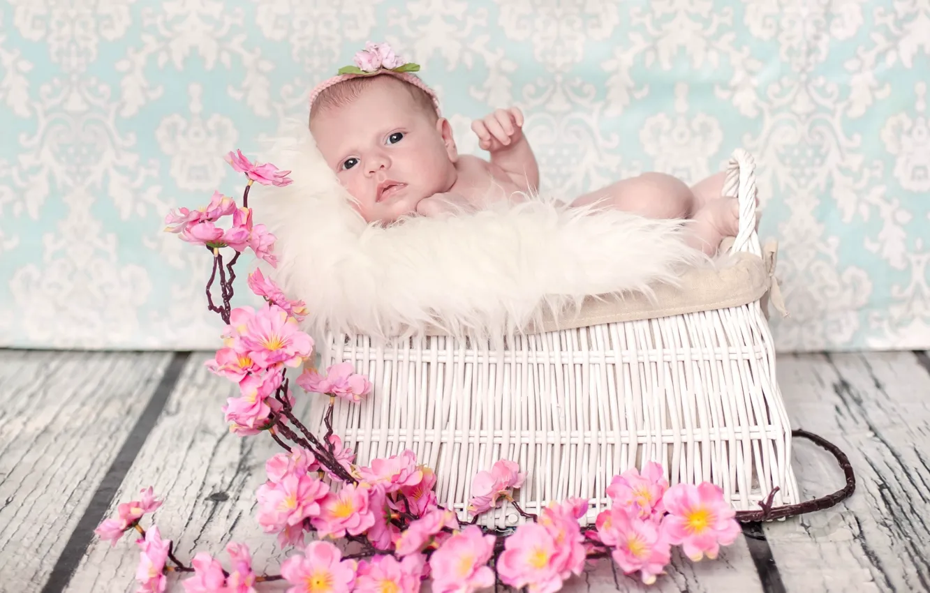 Photo wallpaper flowers, girl, fur, basket, baby, wood