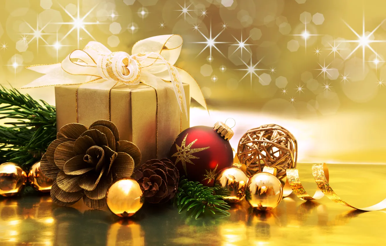 Photo wallpaper decoration, gift, balls, New Year, Christmas, Christmas, bokeh, decoration