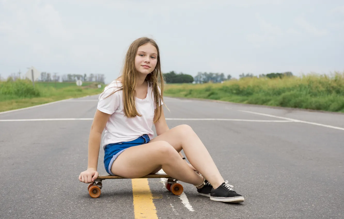 Photo wallpaper girl, road, modern, pretty, attractive, skateboard, empty