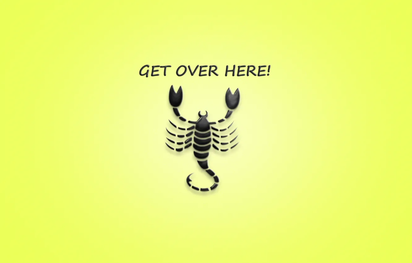Photo wallpaper the inscription, minimalism, Scorpio, the phrase, yellow background, Mortal Kombat, Scorpion, get over here