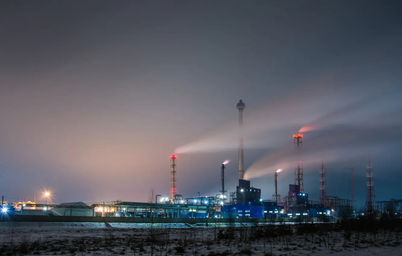 Photo wallpaper night, industrial, plant, night shooting