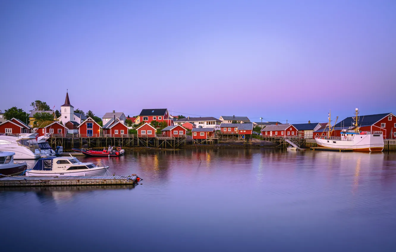Photo wallpaper boats, pier, Norway, houses, Pure, Lofoten