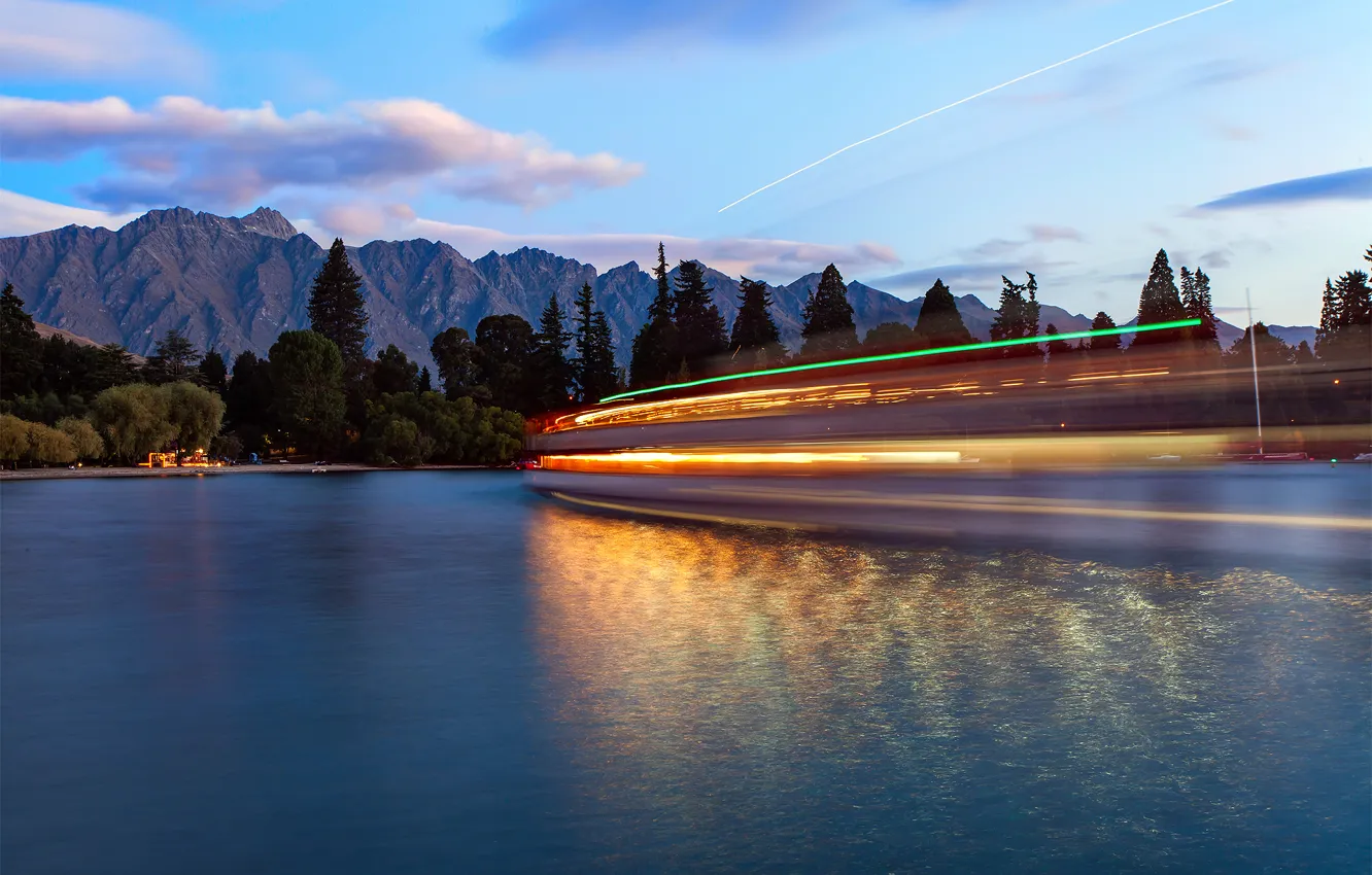 Photo wallpaper water, light, mountains, boats, the evening, excerpt, New Zealand, Queenstown