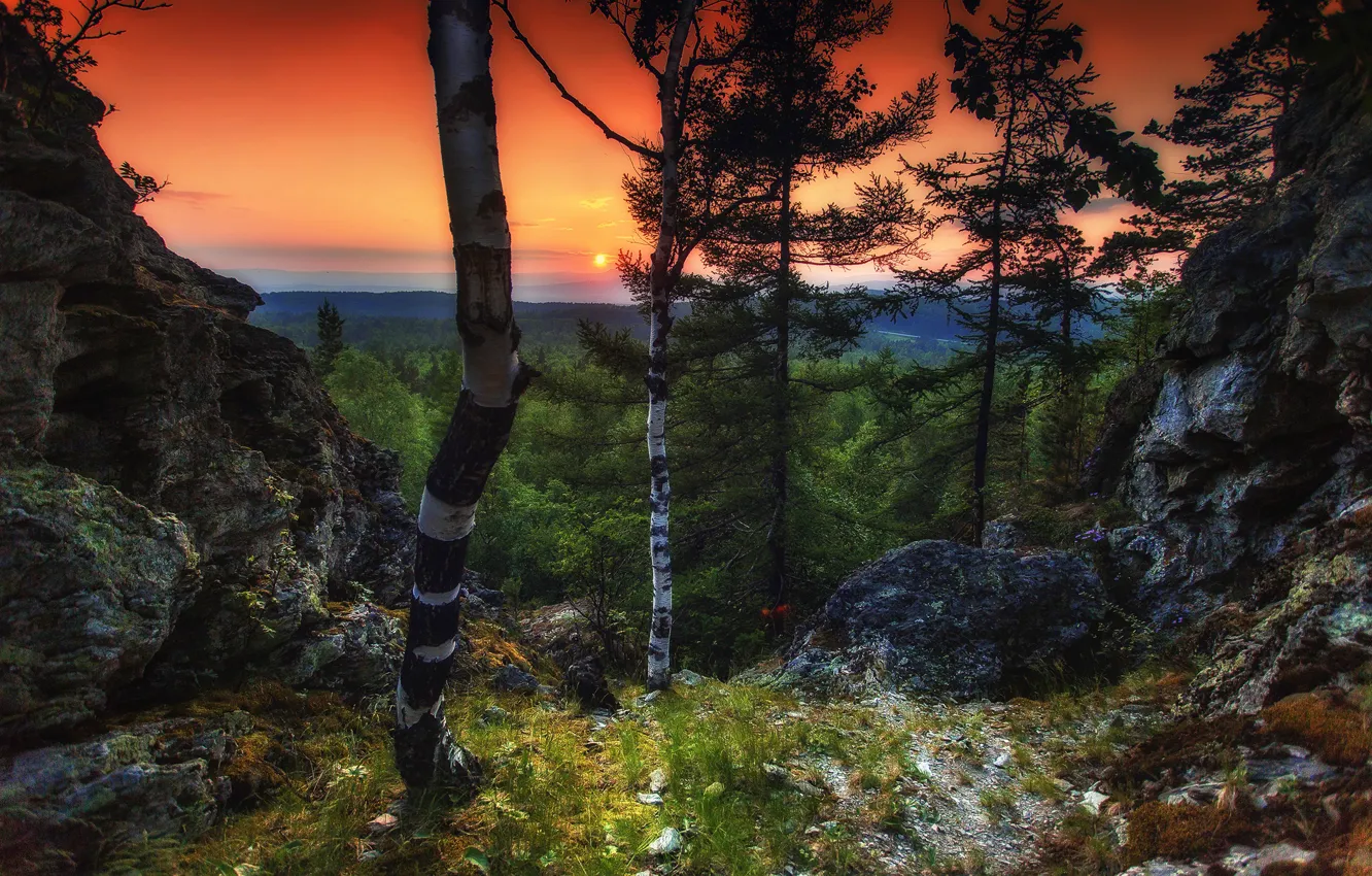 Photo wallpaper the sun, trees, sunset, nature, Paul Sahaidak, Blue rocks, Ural-Tau