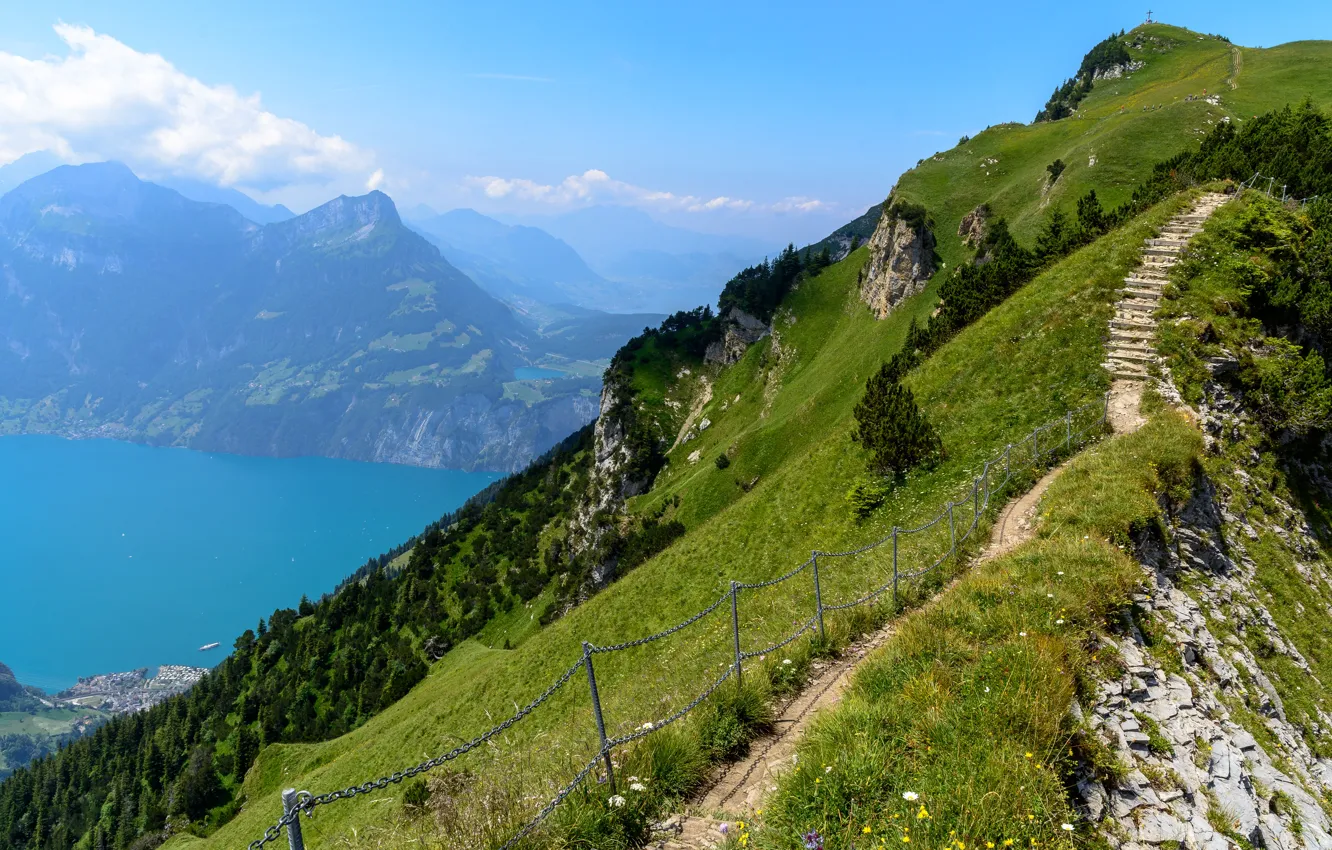 Photo wallpaper Nature, Lake, Switzerland, Alps, Trail, Landscape, Slope, Top