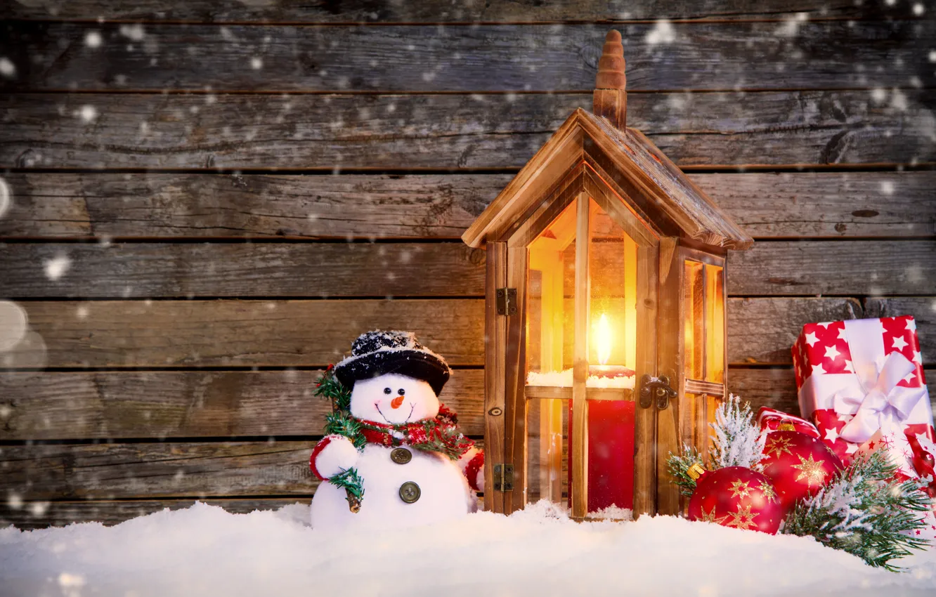 Photo wallpaper balls, snow, holiday, gift, Board, new year, hat, candles