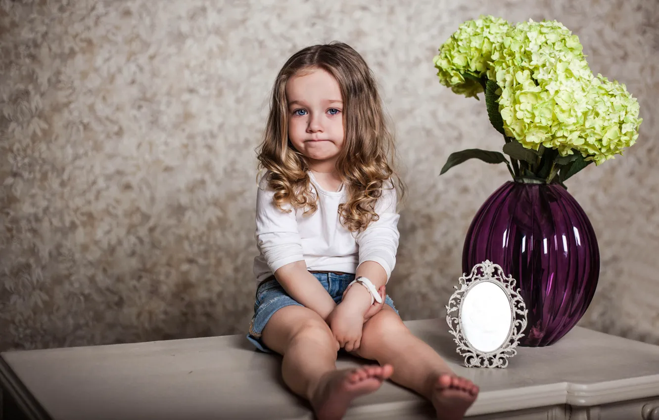 Photo wallpaper flowers, mirror, girl, table, vase, child, hydrangea