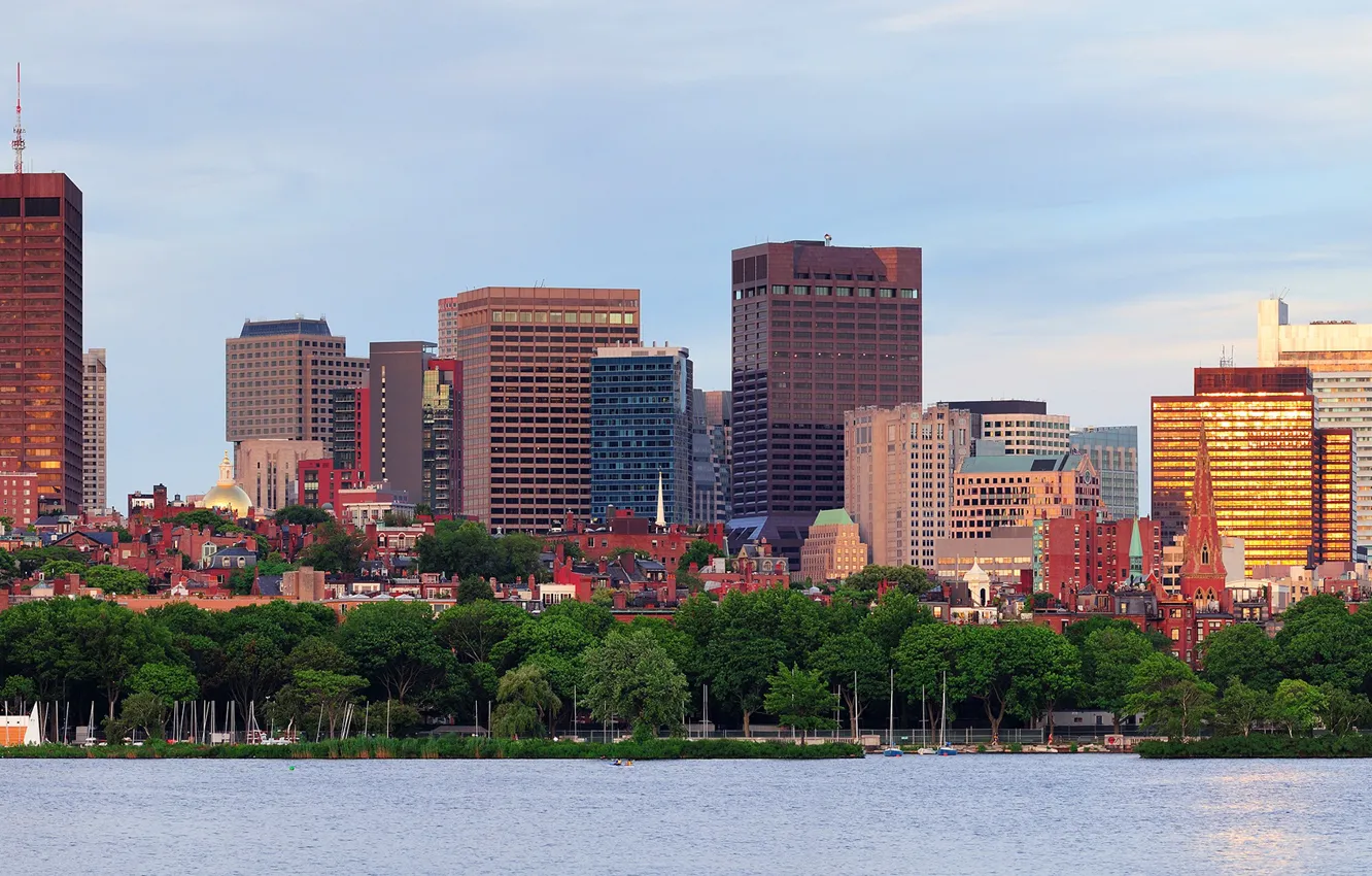 Photo wallpaper trees, shore, building, home, yacht, panorama, Bay, USA