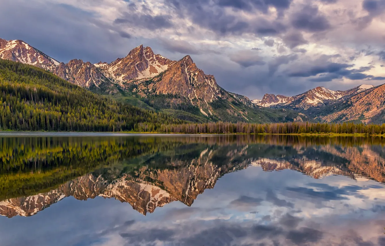 Photo wallpaper forest, mountains, lake, reflection, Rocky mountains, Rocky Mountains, Idaho, Idaho