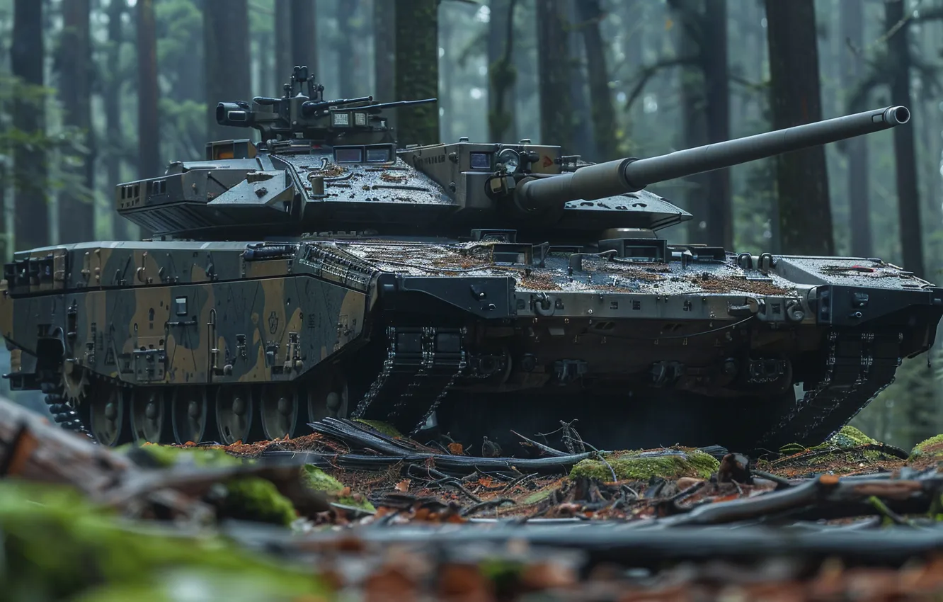 Photo wallpaper forest, trees, tank, trunk, digital art, AI art, The Art of Artificial Intelligence, neural network