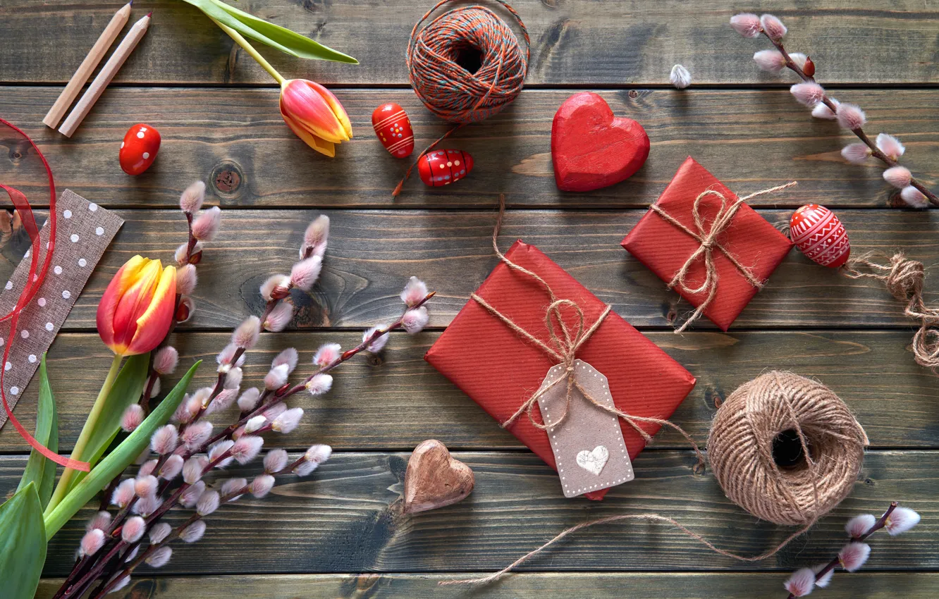 Photo wallpaper flowers, eggs, spring, Easter, tulips, love, wood, Verba