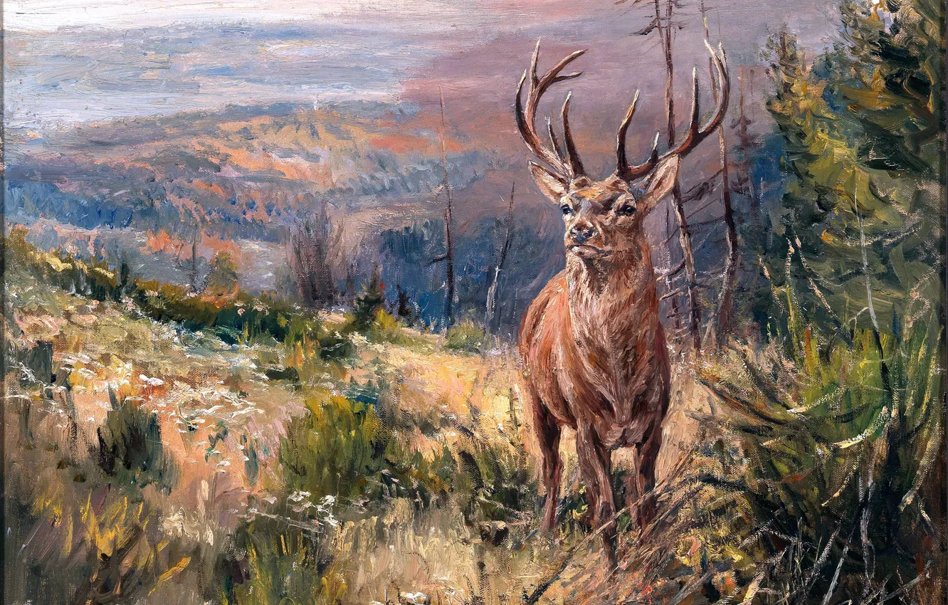 Photo wallpaper trees, picture, deer, horns, German artist, Wilhelm Lorenz, Wilhelm Lorenz, Deer in the sun