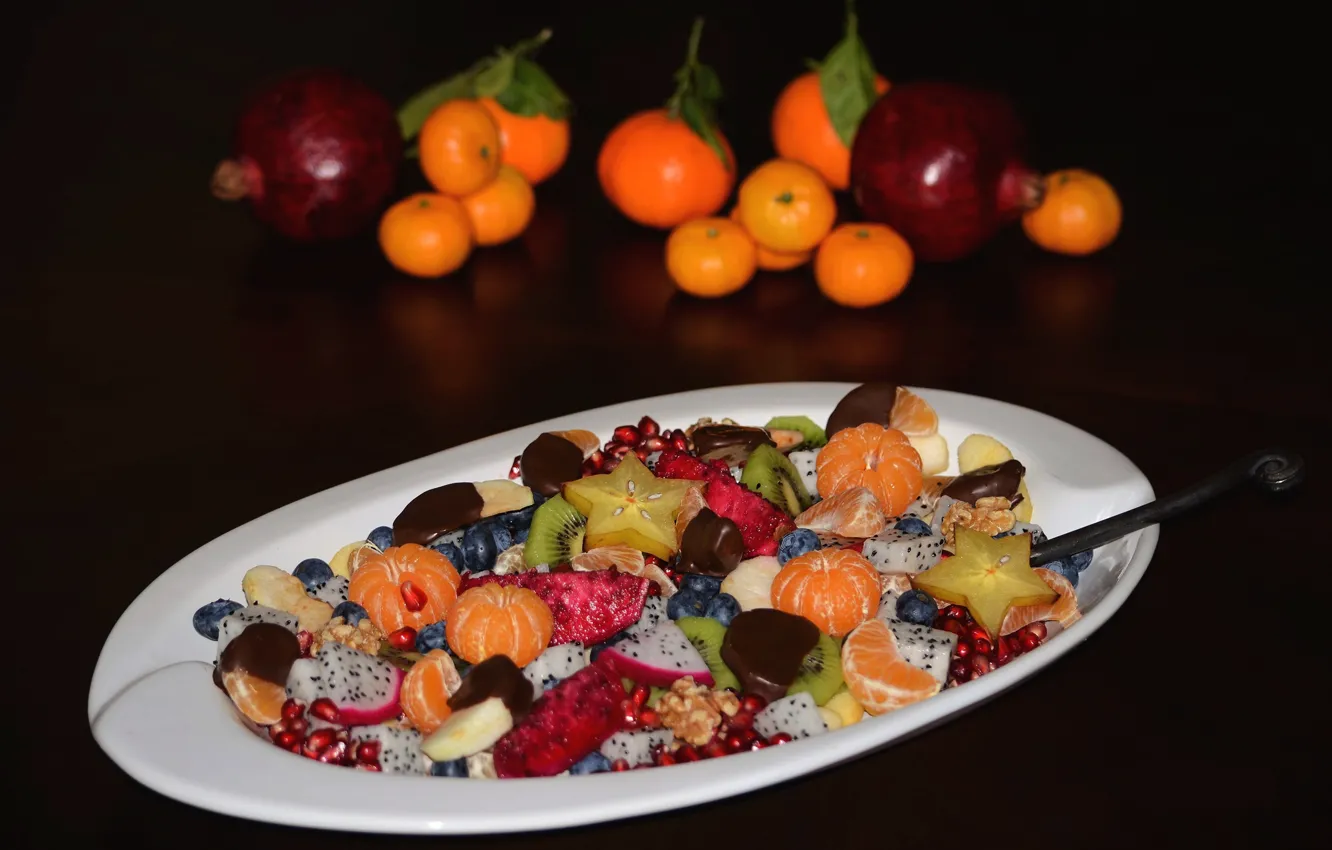 Photo wallpaper berries, fruit, Mandarin, cuts, pitahaya