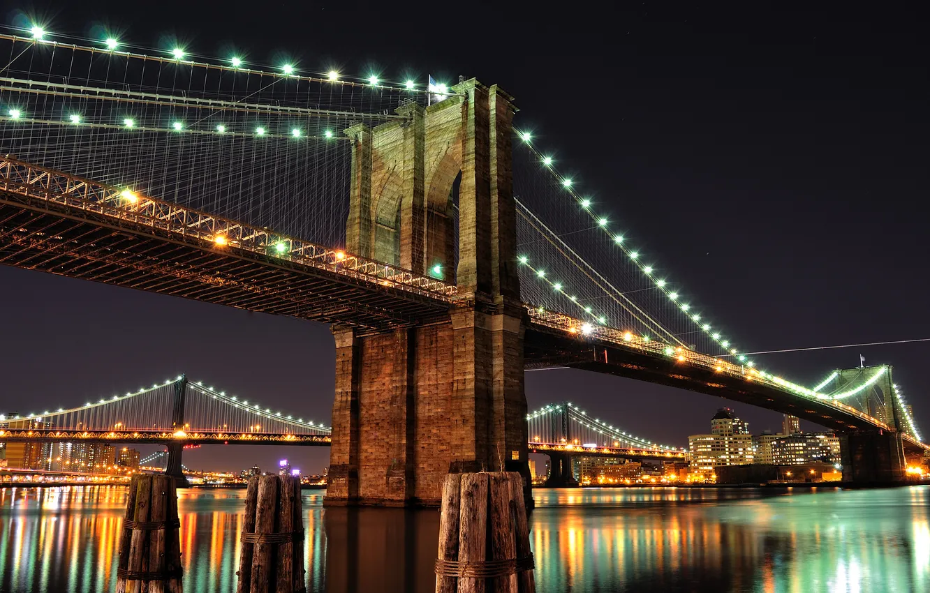 Photo wallpaper night, bridge, the city, lights, river, New York, USA, Brooklyn