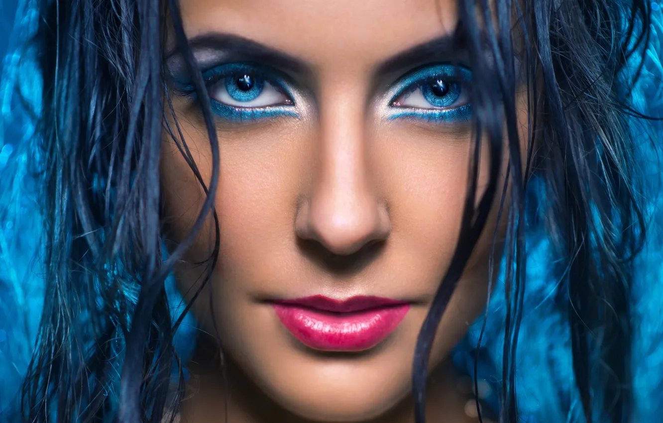 Photo wallpaper look, girl, shadow, makeup, blue eyes, wet hair