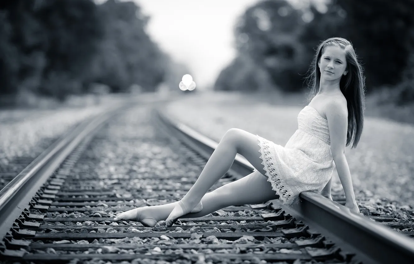 Photo wallpaper girl, background, railroad