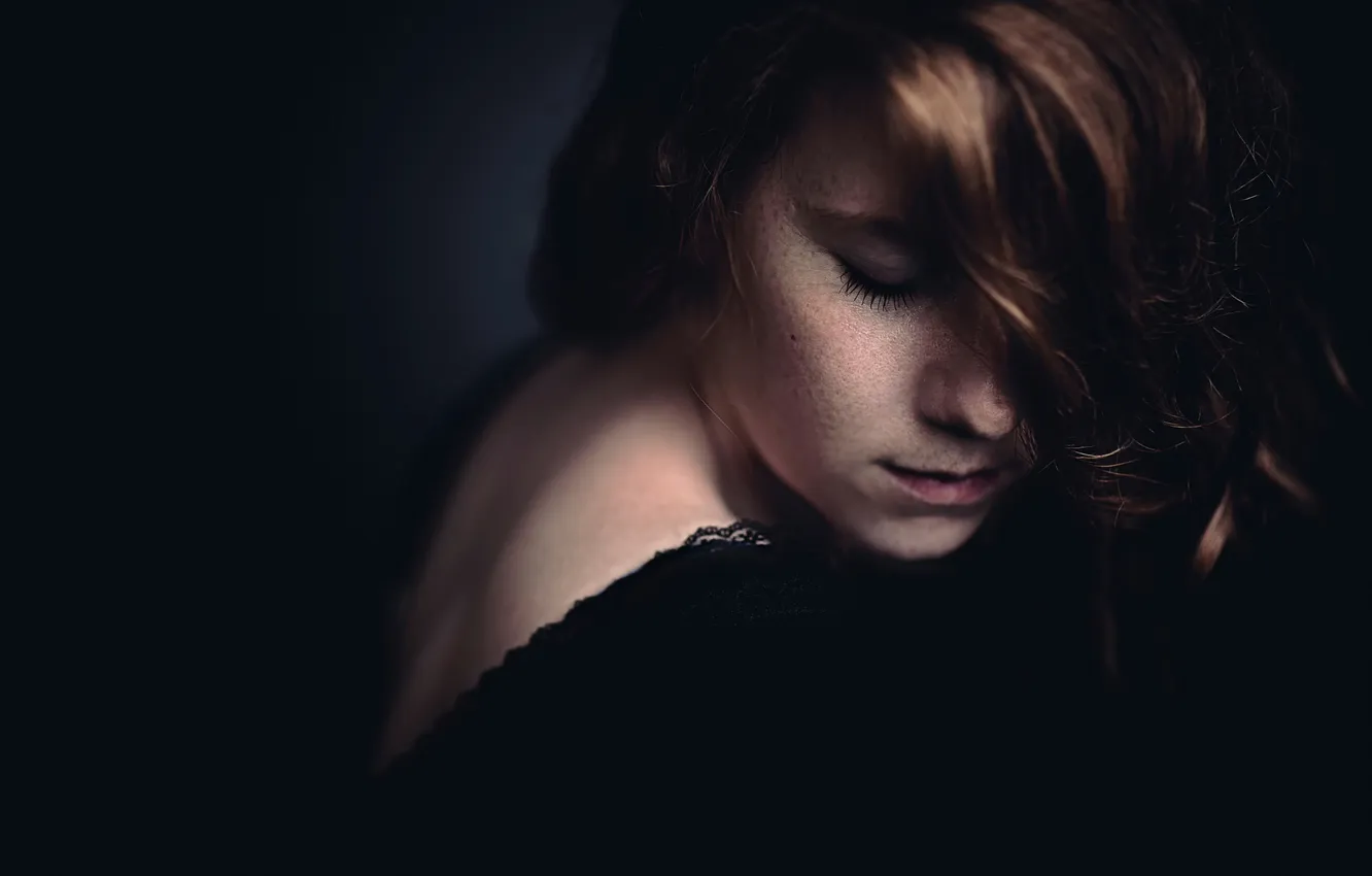 Photo wallpaper sadness, portrait, redhead, bokeh