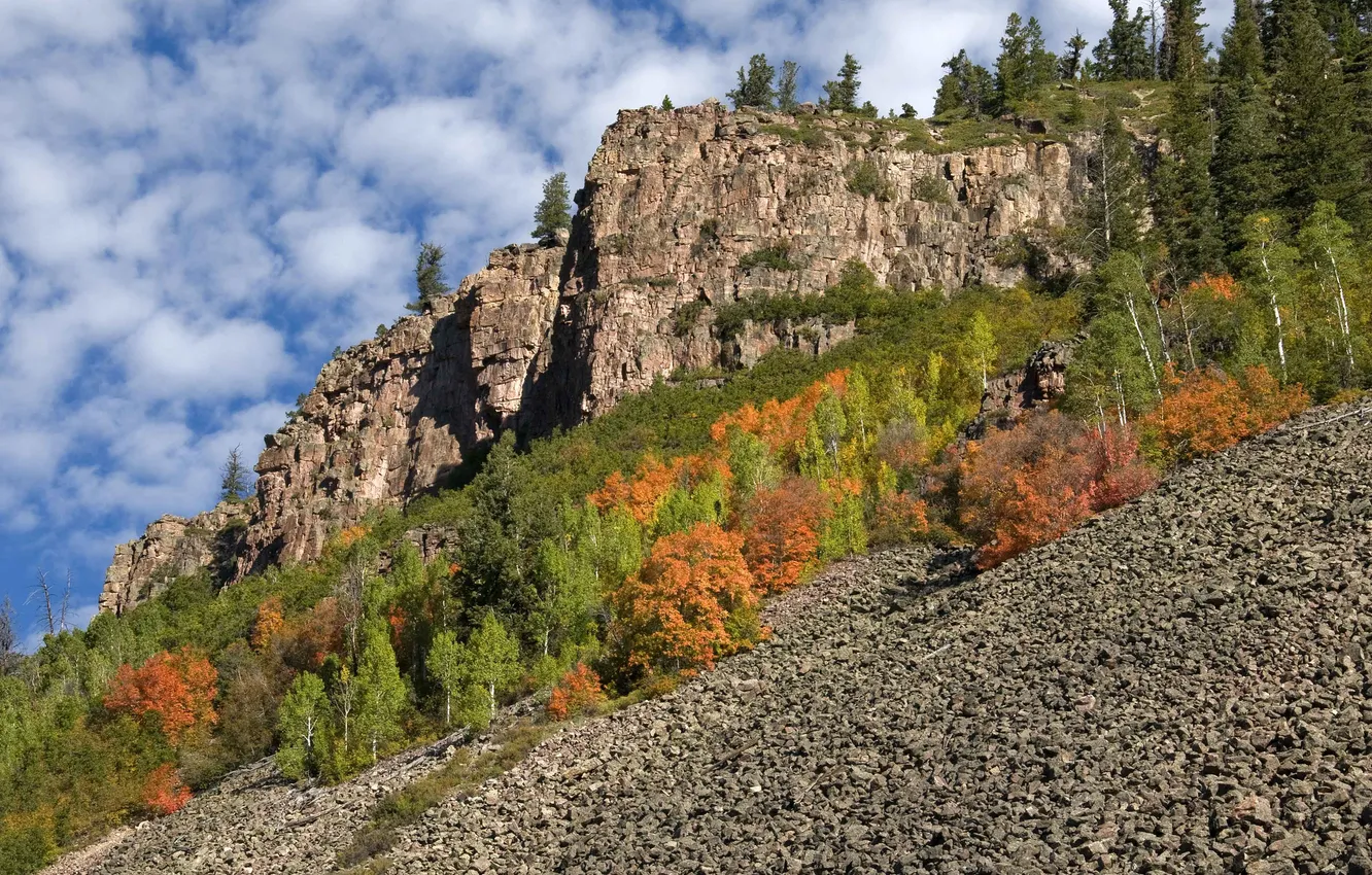 Photo wallpaper autumn, the sky, clouds, trees, mountains, rocks, slope
