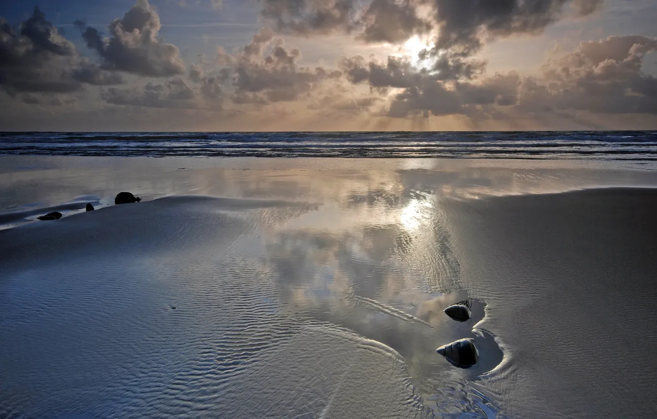 Photo wallpaper sand, sea, sunset, stones, shore, tide, Landscape