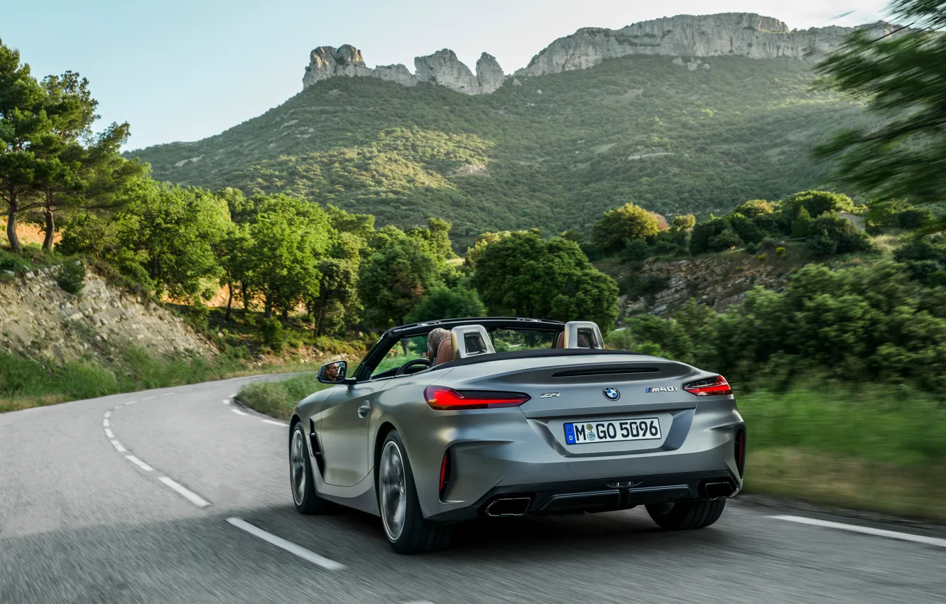 Photo wallpaper mountains, grey, rocks, vegetation, turn, BMW, Roadster, BMW Z4