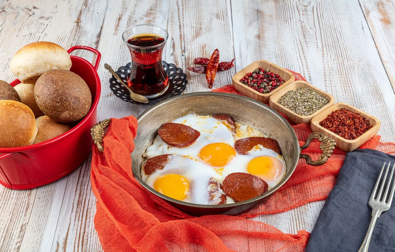 Photo wallpaper breakfast, tea, egg, spice, sausage