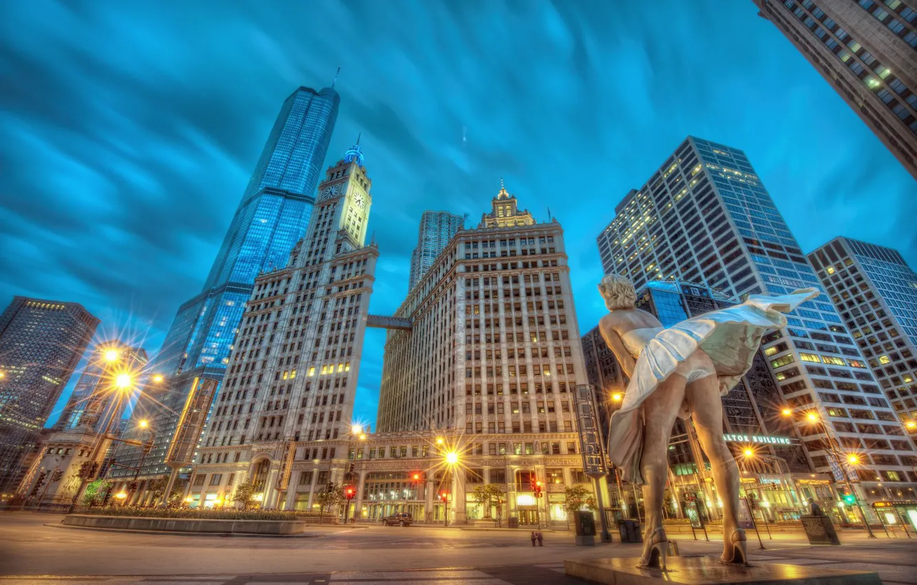 Photo wallpaper building, Chicago, statue, Chicago, Marilyn Monroe