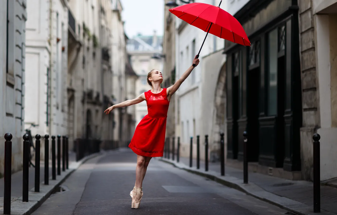 Photo wallpaper girl, street, umbrella, in red
