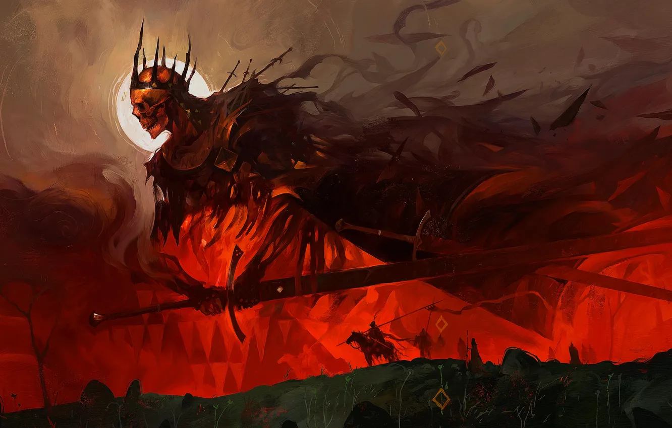 Photo wallpaper dark, sword, fantasy, armor, crown, army, horse, artwork
