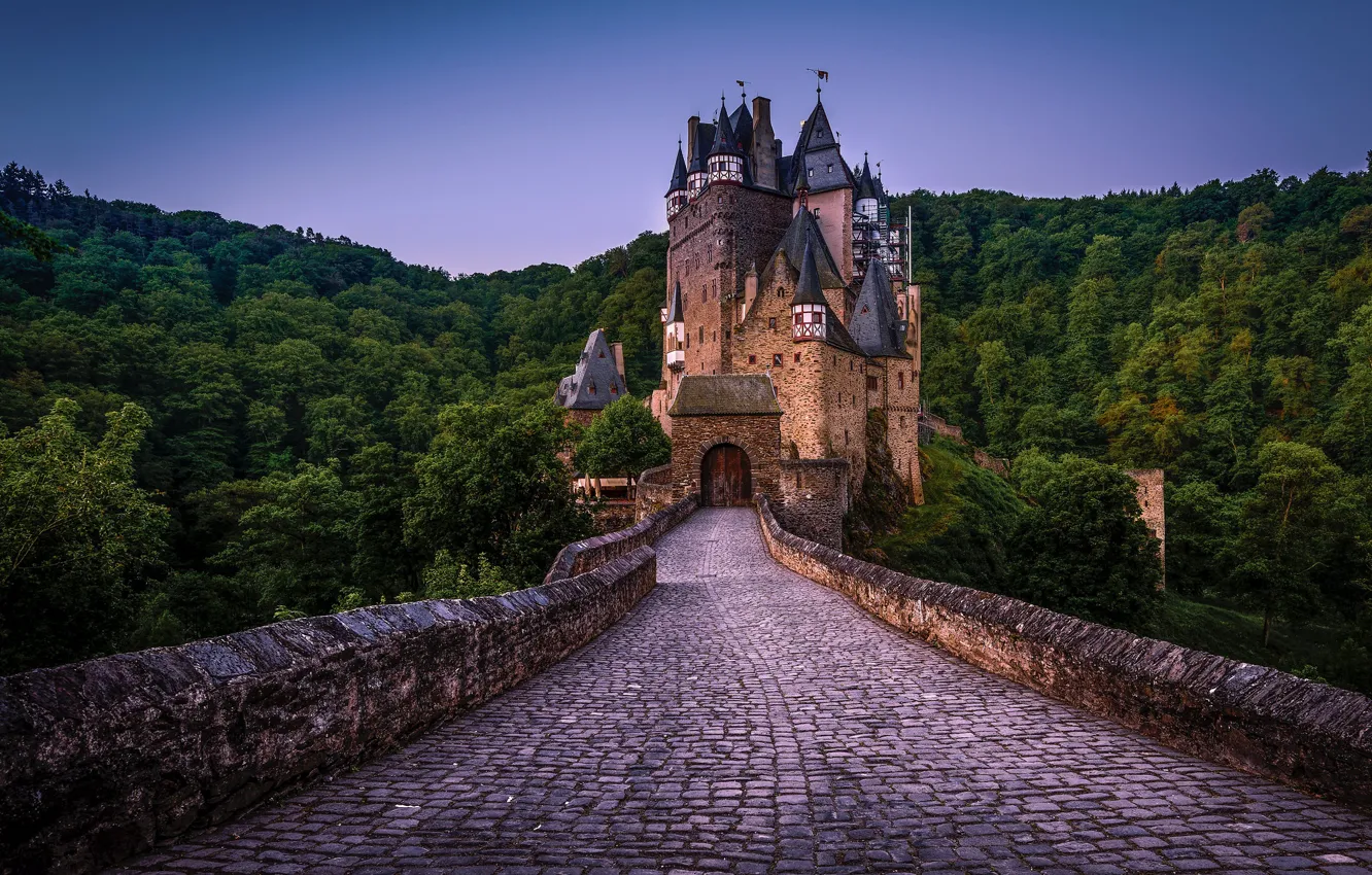 Photo wallpaper road, greens, forest, the sky, trees, bridge, castle, tile