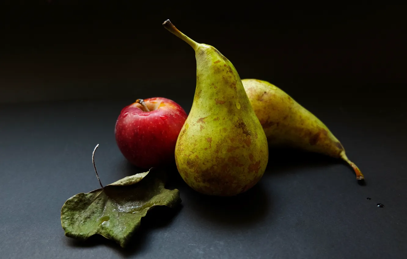 Photo wallpaper the dark background, apples, leaf, pear