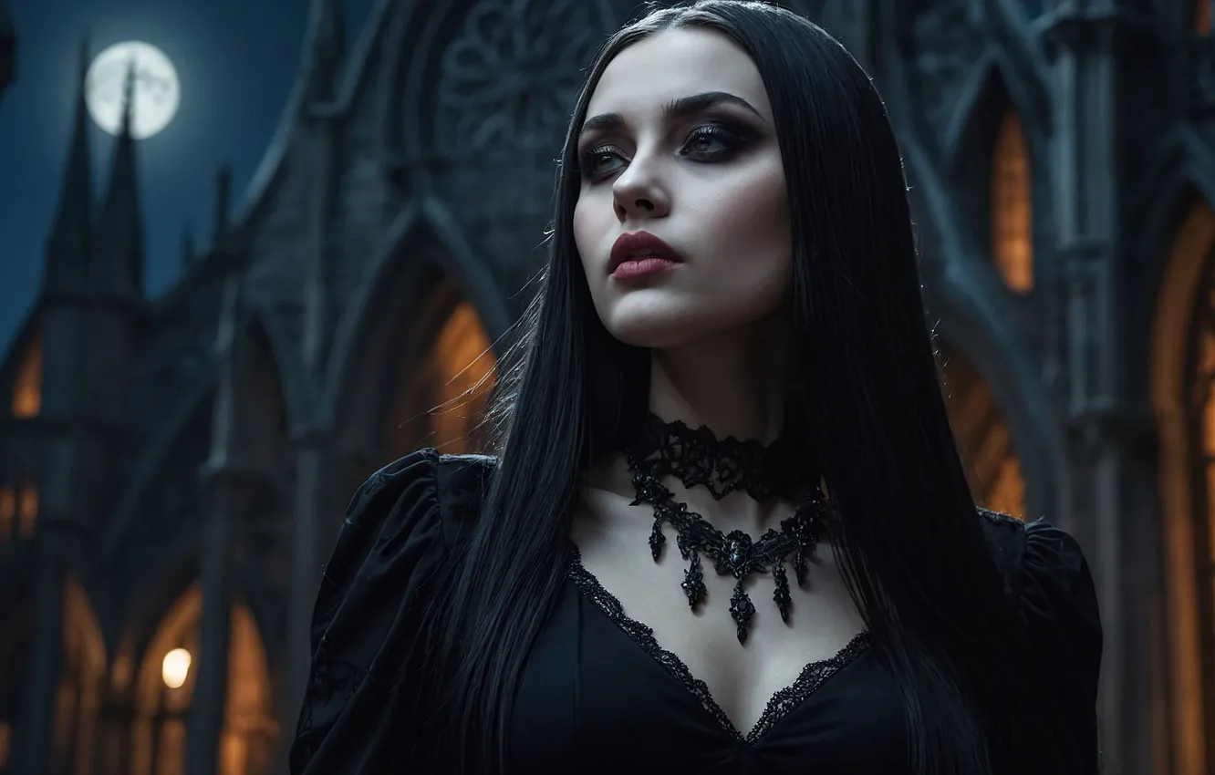 Photo wallpaper look, girl, night, face, the city, castle, Gothic, the moon