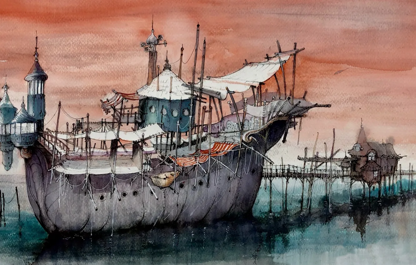 Photo wallpaper figure, ship, pier