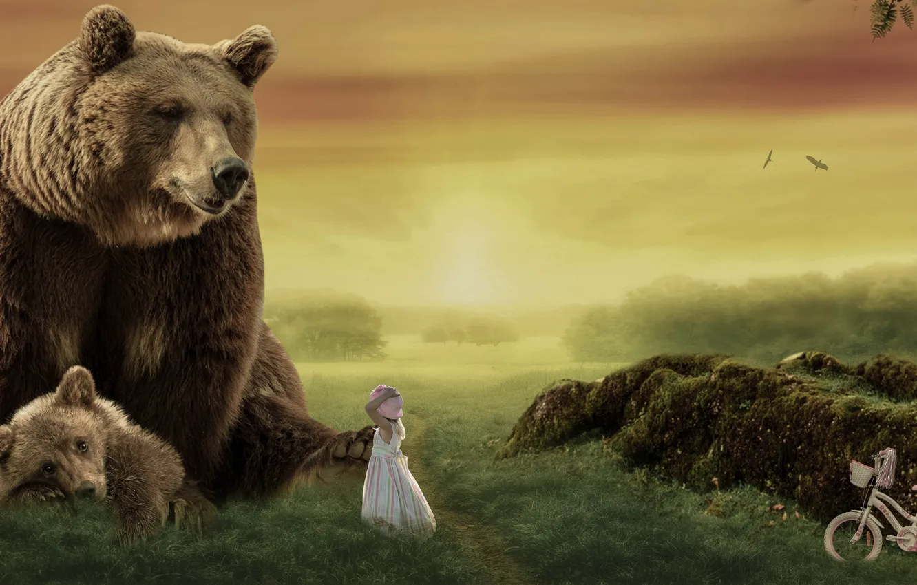 Photo wallpaper trees, bike, bear, girl, bear, Masha and the bears