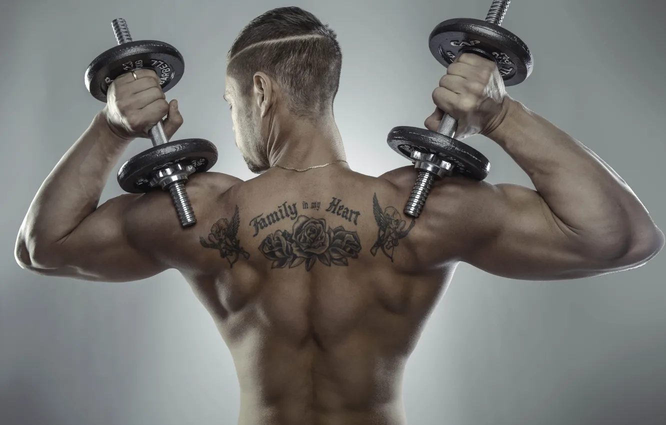 Photo wallpaper pose, back, tattoo, male, dumbbells