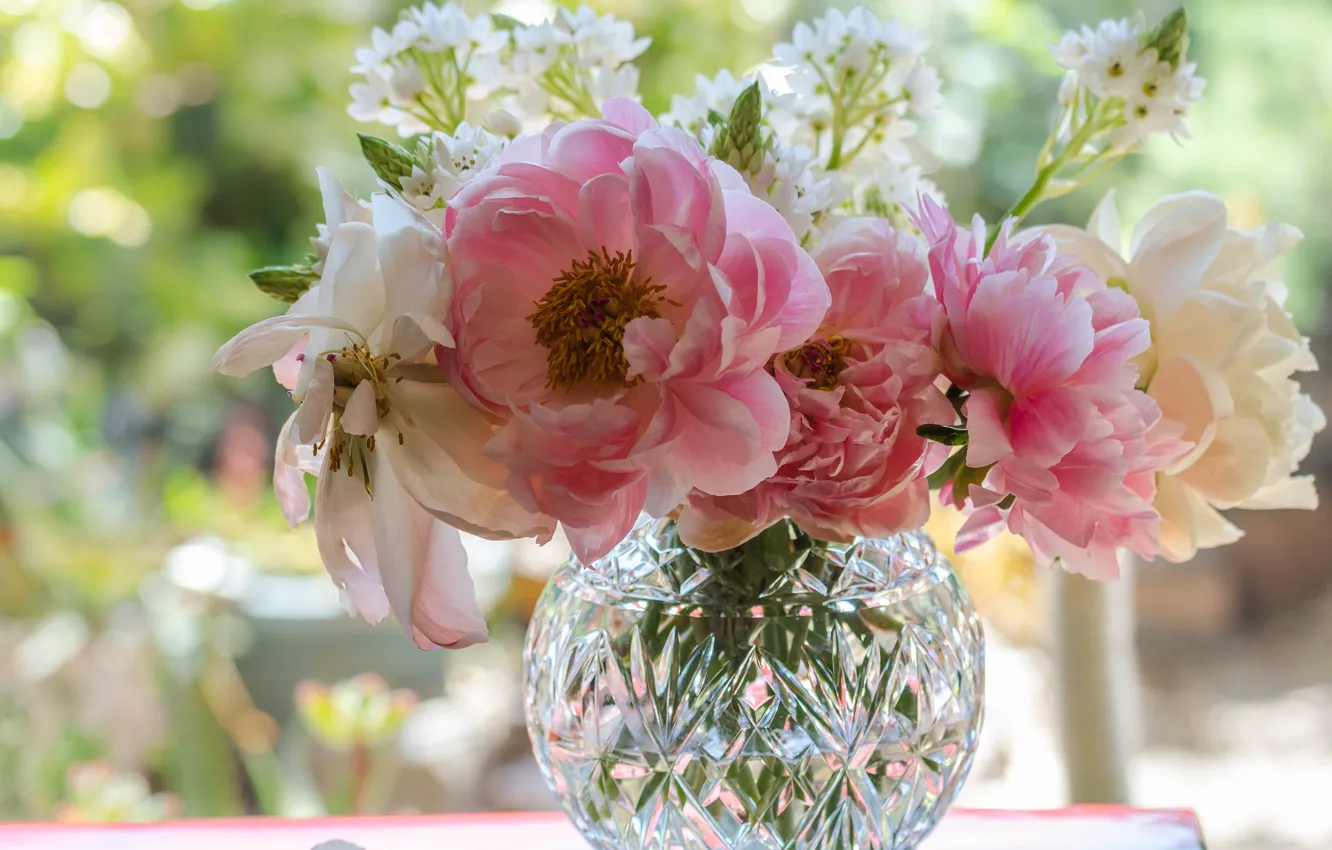 Photo wallpaper bouquet, petals, vase, peonies