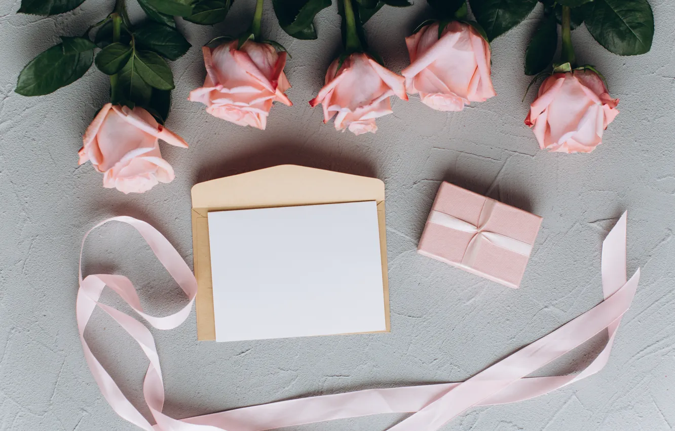 Photo wallpaper flowers, holiday, gift, roses, tape, the envelope