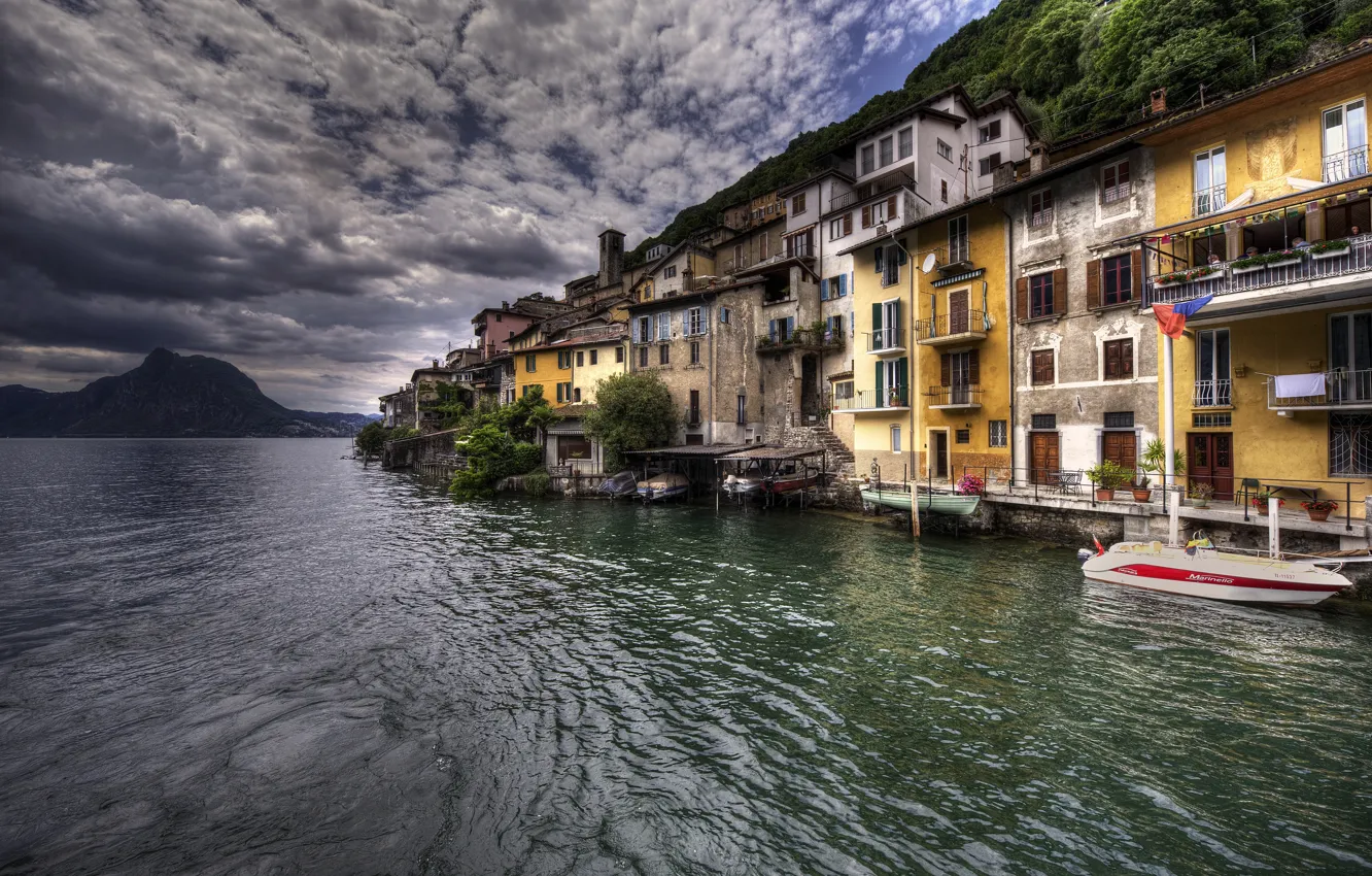 Photo wallpaper lake, HDR, Switzerland, Lake Lugano, Gandria