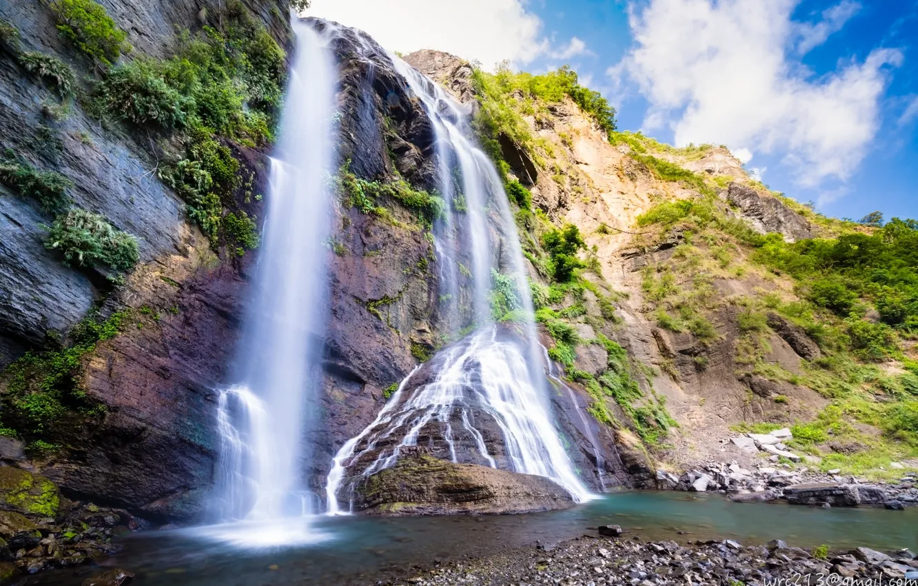 Photo wallpaper the sky, clouds, rocks, vegetation, waterfall, stream