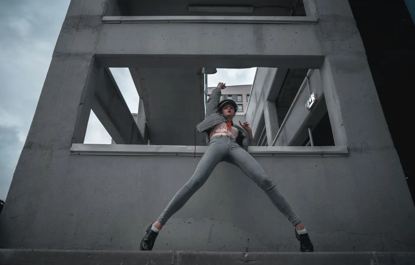 Photo wallpaper sky, clouds, model, women, jeans, redhead, jacket, public