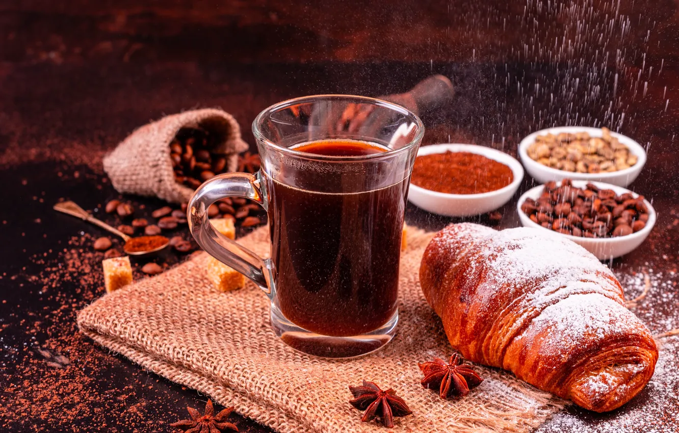 Photo wallpaper coffee, Breakfast, powdered sugar, spices, croissan, Roman Dbree
