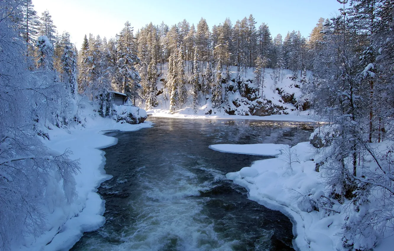 Photo wallpaper ice, winter, forest, snow, trees, river, house