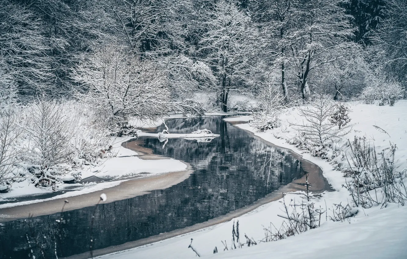 Photo wallpaper winter, snow, river