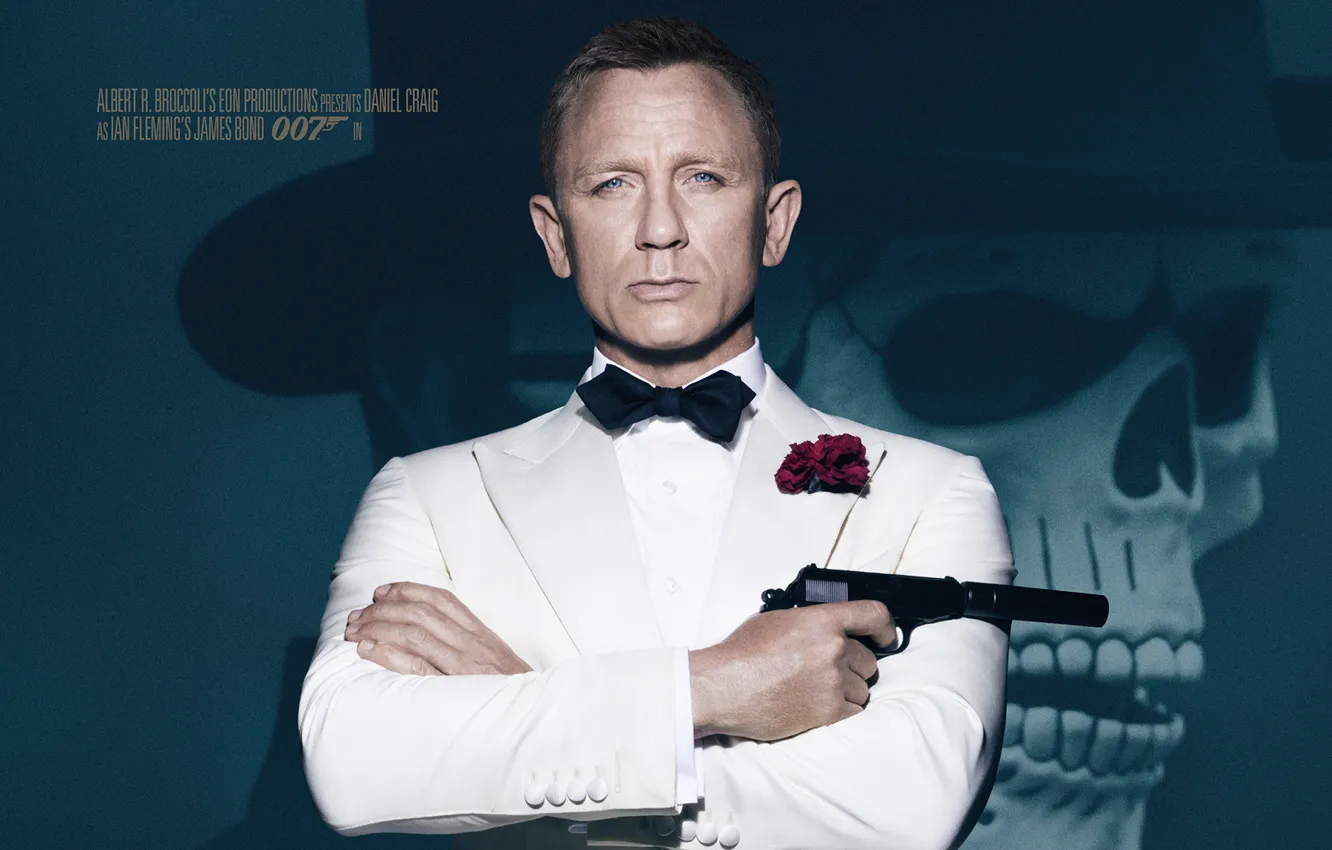 Photo wallpaper gun, background, skull, hat, agent, in white, James Bond, Daniel Craig