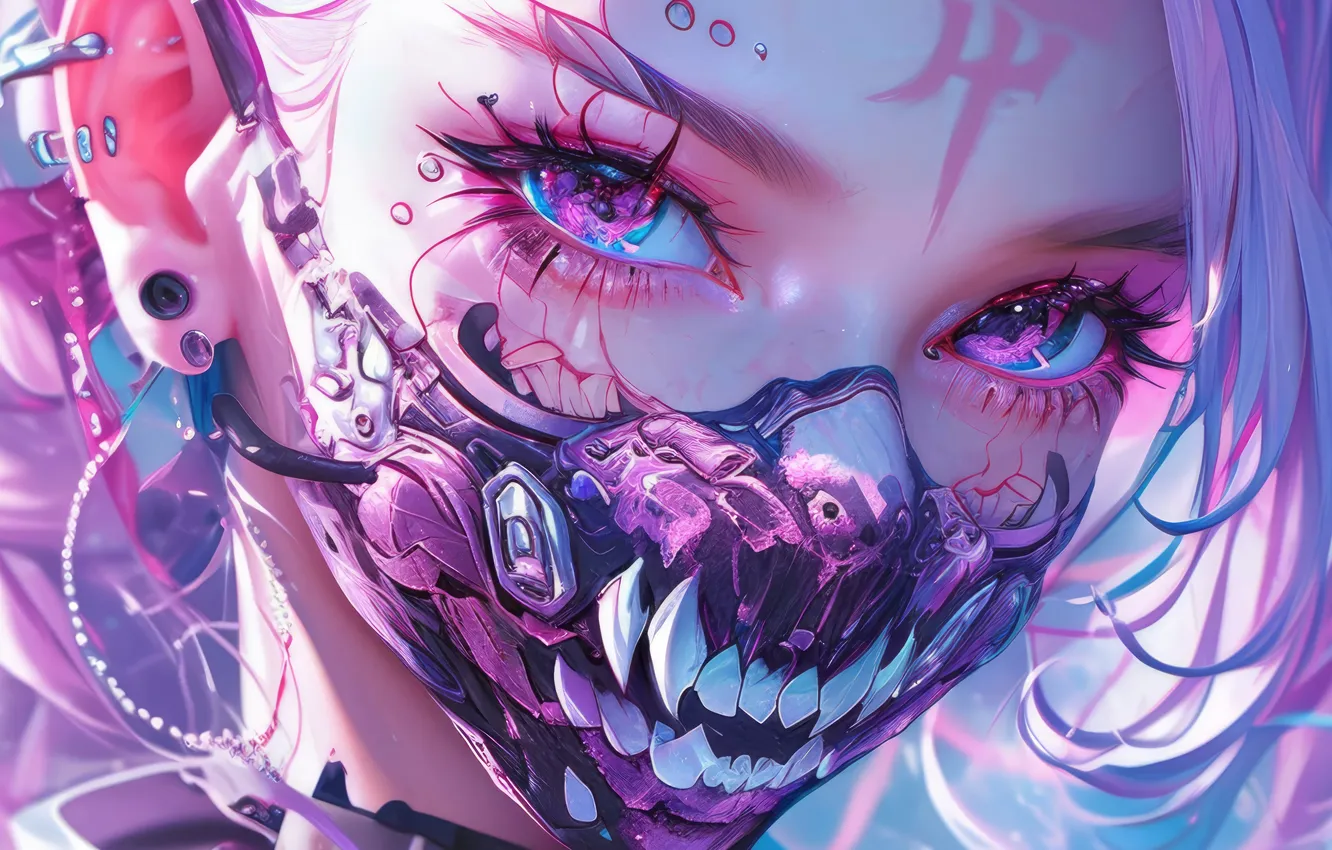 Photo wallpaper girl, pink hair, mask, anime girl, AI Generated