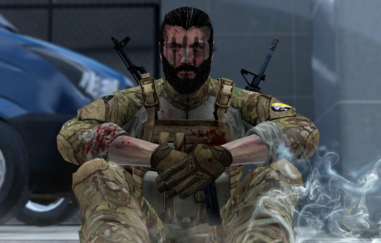 Photo wallpaper cartoon, game, sitting, M16, AKM, ARMA, multicam, MSF